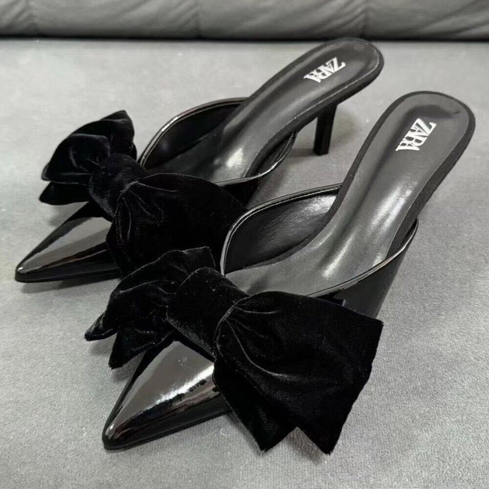 Zara Black Patent Bow Mule Heels NWT Pointed Toe Kitten Heel Slip On Size 6.5 - Picture 13 of 16